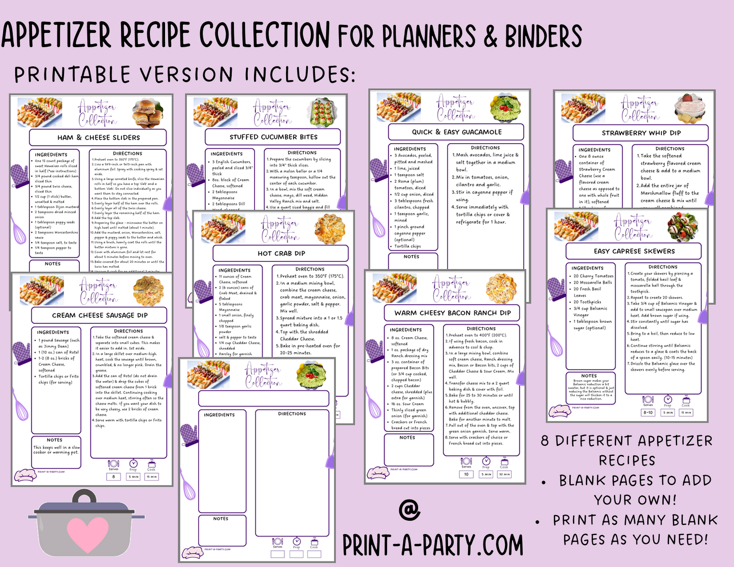 DIY Cookbook | APPETIZER Recipe Collection | PRINTABLE OR EDITABLE | Planner and Binder Size | Meal Plan | Planner Recipes | Binder Recipes