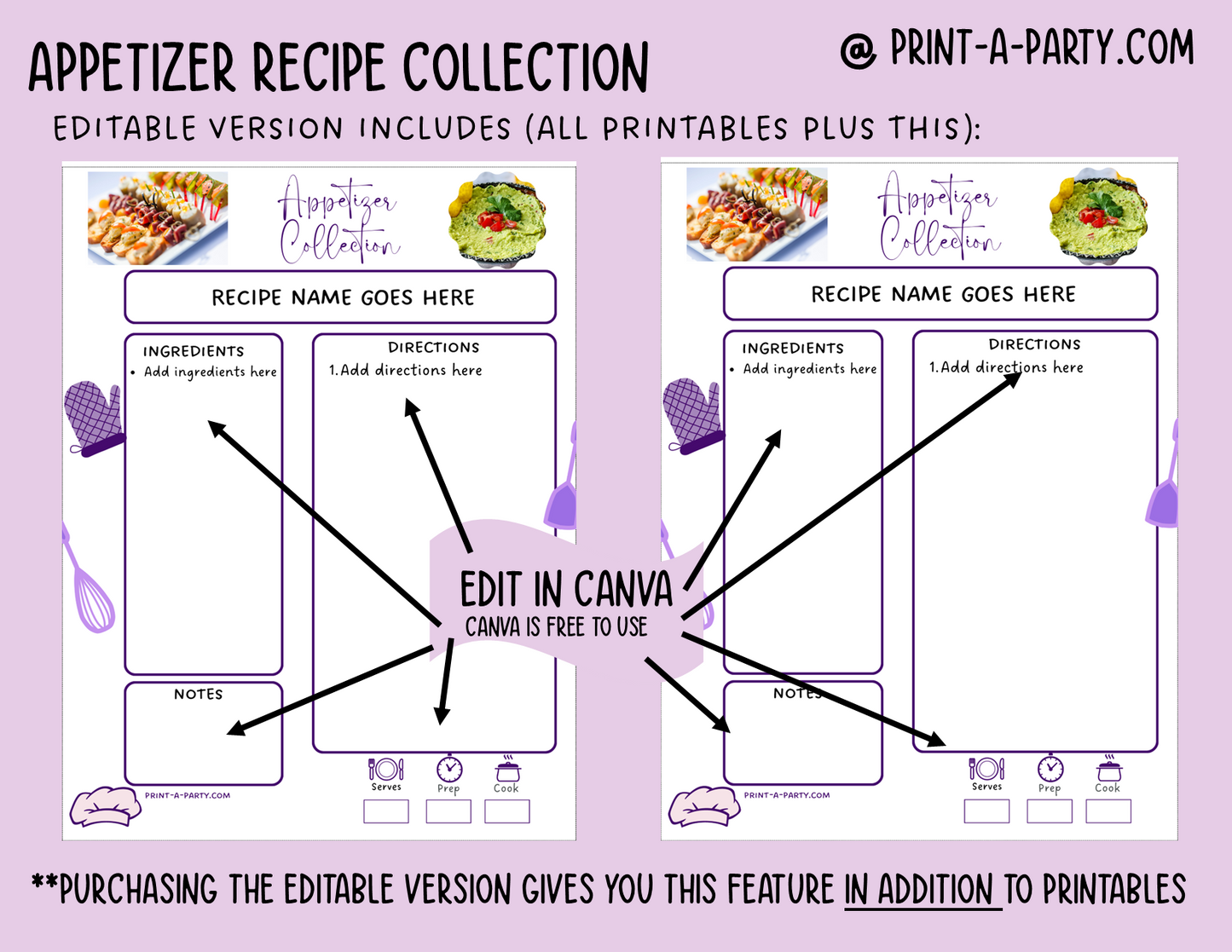 DIY Cookbook | APPETIZER Recipe Collection | PRINTABLE OR EDITABLE | Planner and Binder Size | Meal Plan | Planner Recipes | Binder Recipes