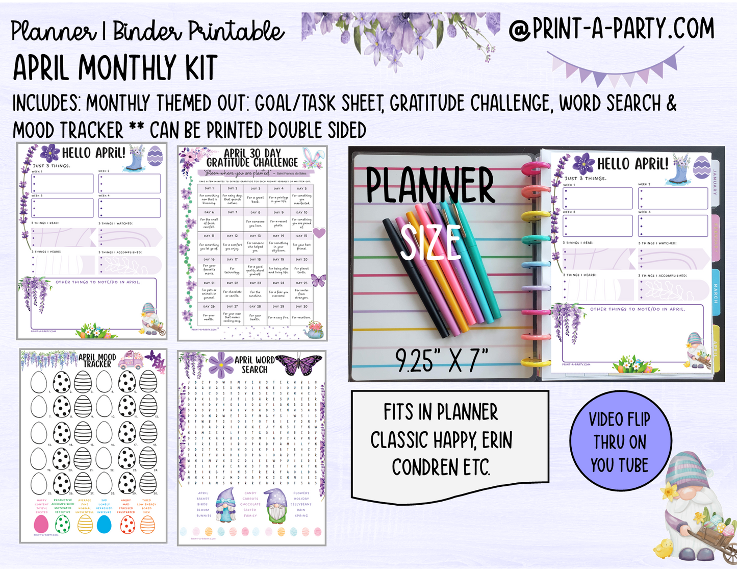 Monthly Planner Kit 4 - APRIL Printable | To Do/Goal Tracker | Gratitude Challenge | Word Search Game | Mood Tracker | Planner/Binder Sizes