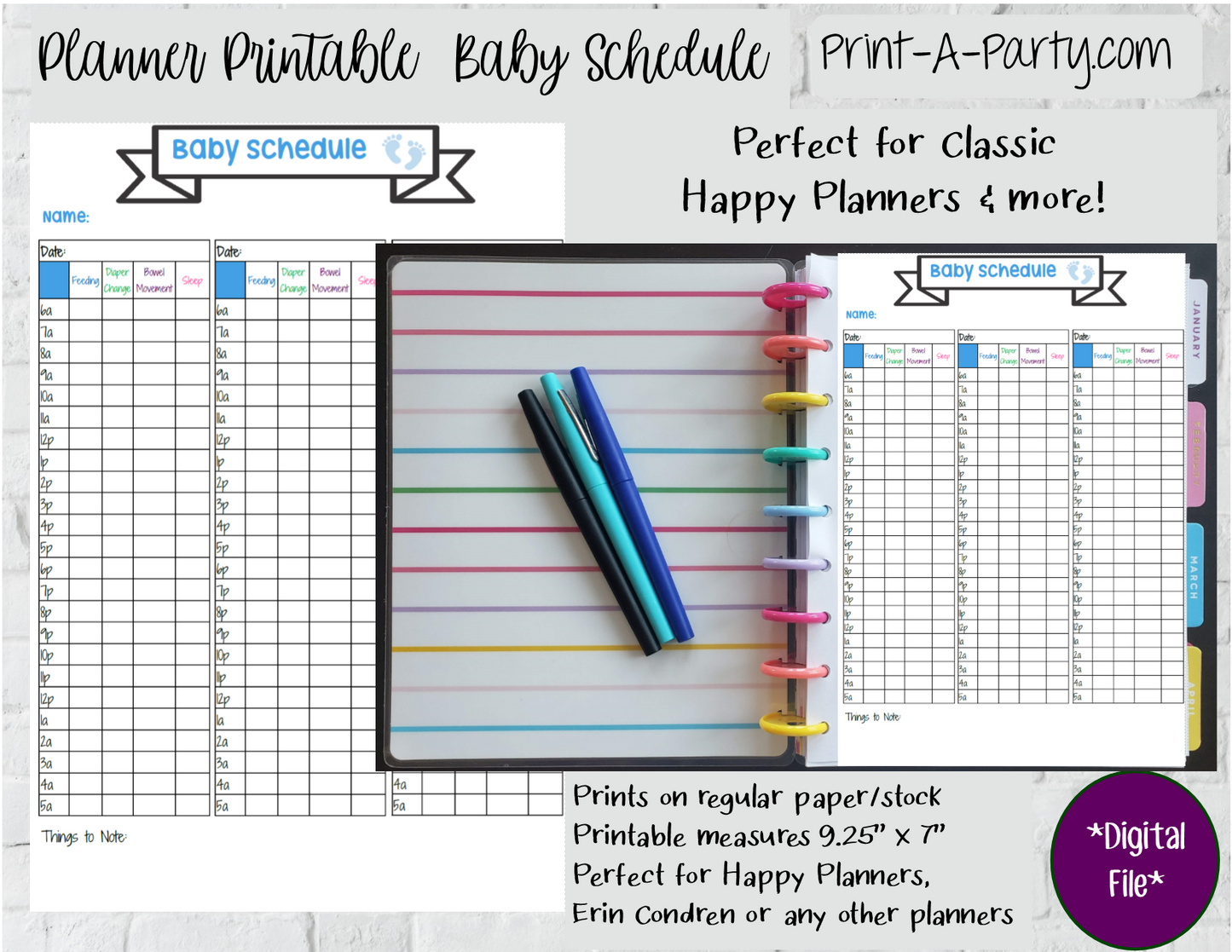 Baby Schedule Tracking Page | Newborn Baby Schedule Log | Classic Happy Planner | Planner Printable