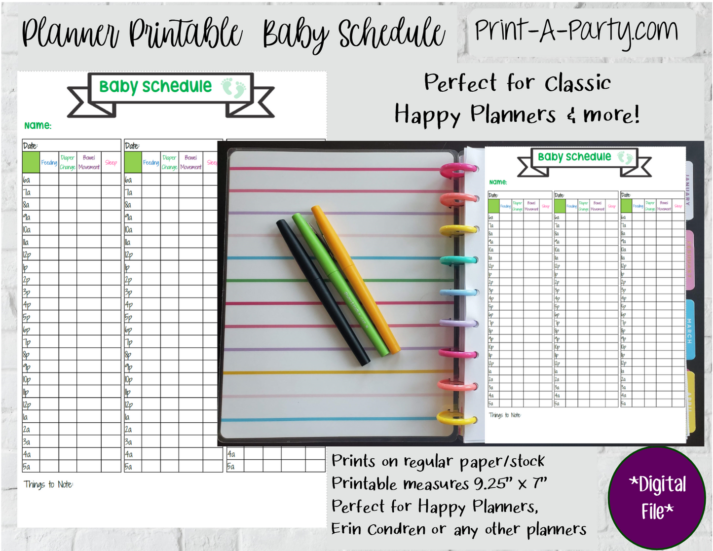 Baby Schedule Tracking Page | Newborn Baby Schedule Log | Classic Happy Planner | Planner Printable