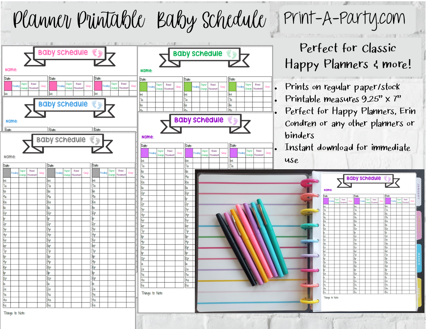 Baby Schedule Tracking Page | Newborn Baby Schedule Log | Classic Happy Planner | Planner Printable