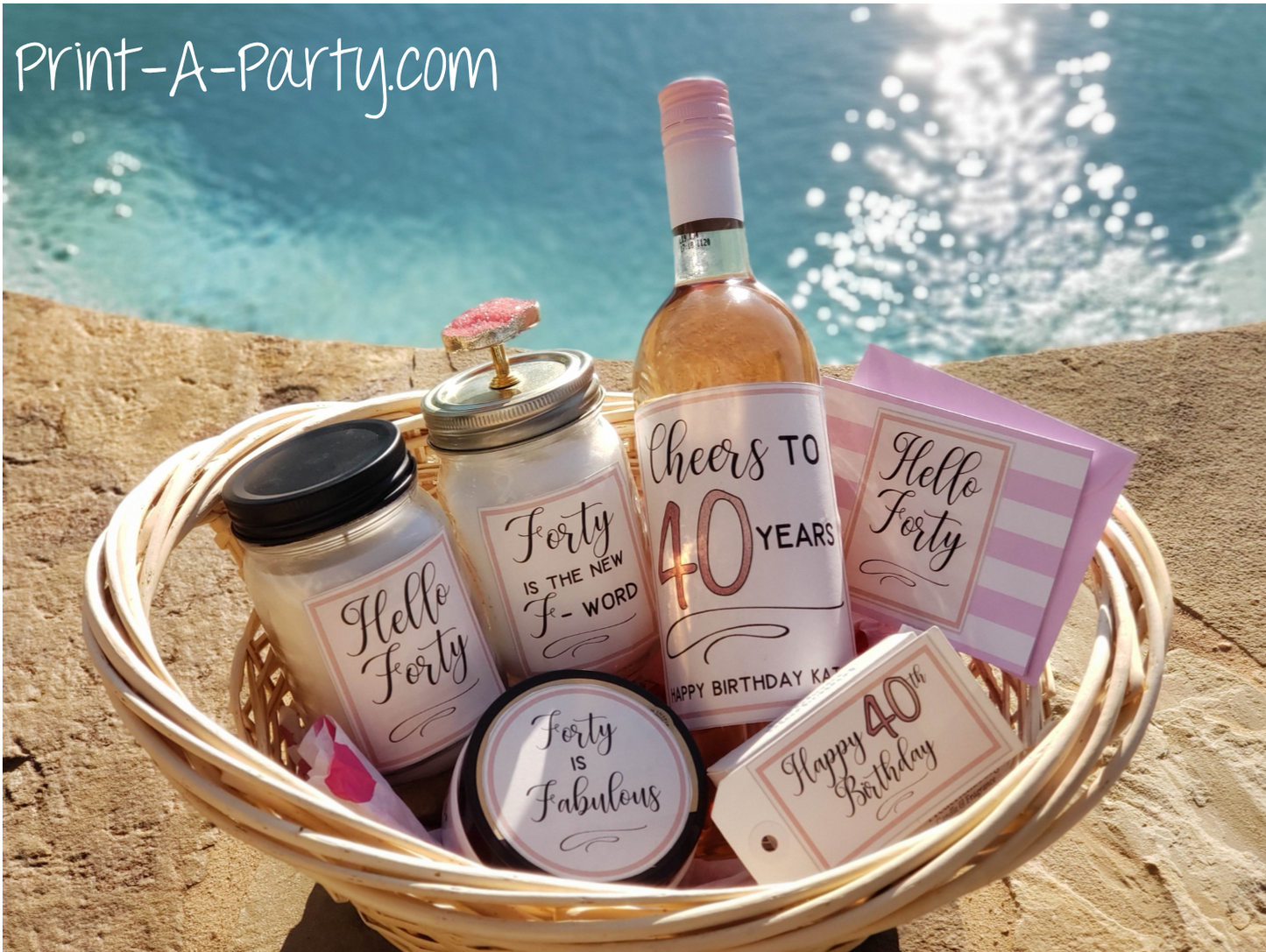 40th Birthday Gift Basket Label Kit - 10 different labels to make a great gift basket