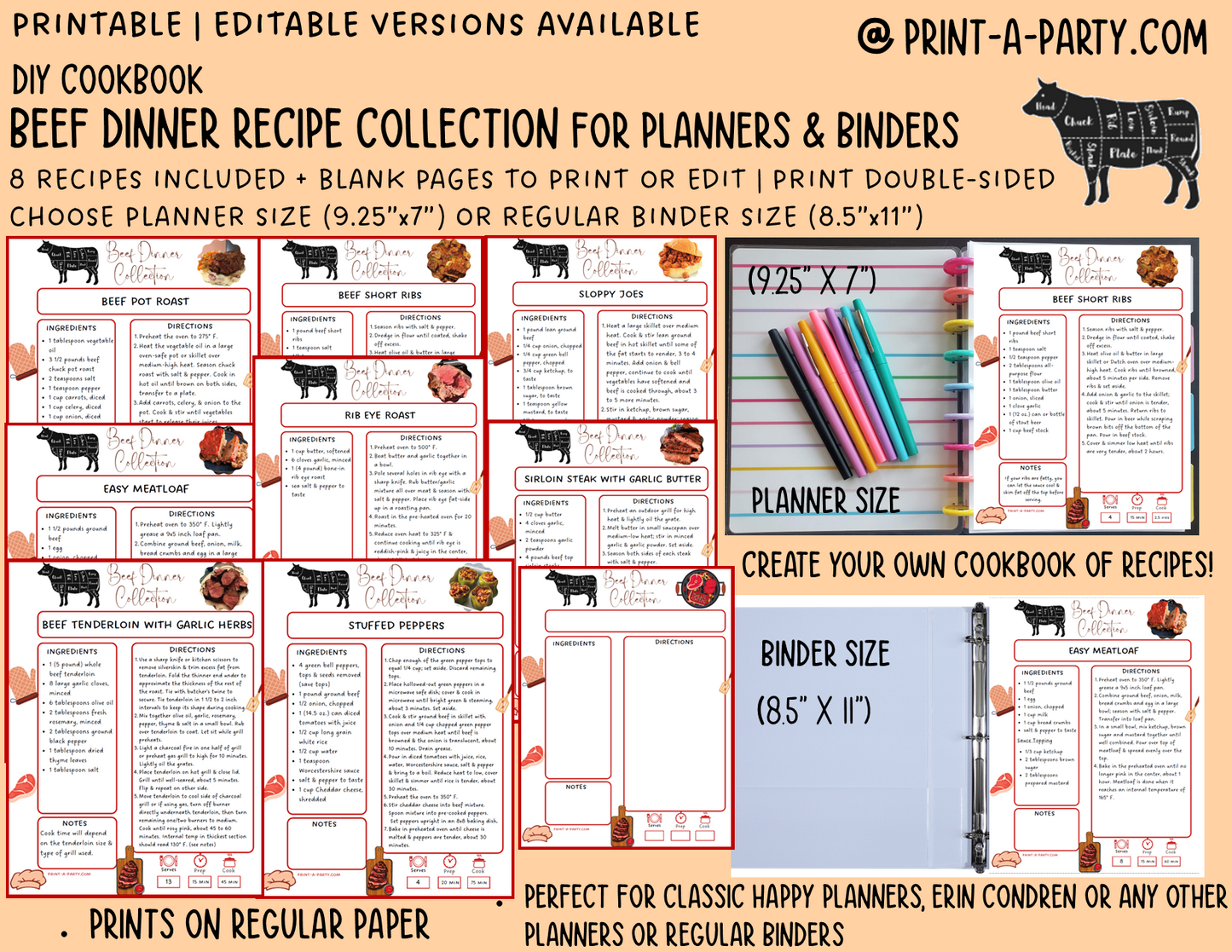 DIY Cookbook | BEEF DINNER Recipe Collection | PRINTABLE OR EDITABLE | Planner and Binder Size | Meal Plan | Planner Recipes | Binder Recipes