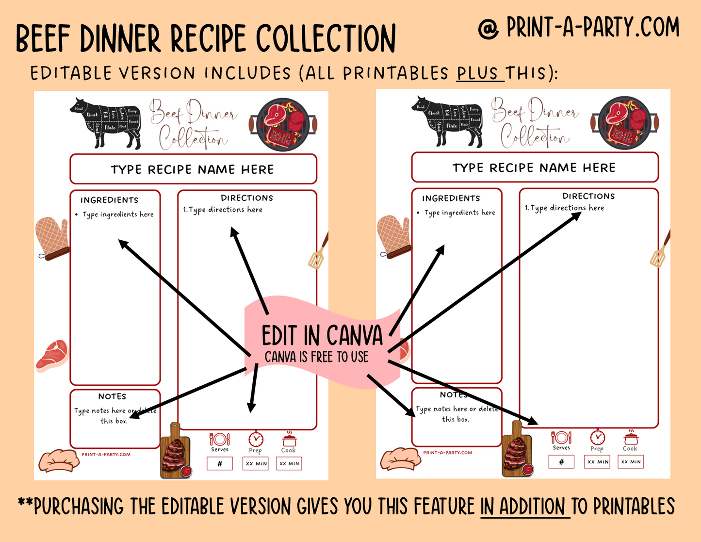 DIY Cookbook | BEEF DINNER Recipe Collection | PRINTABLE OR EDITABLE | Planner and Binder Size | Meal Plan | Planner Recipes | Binder Recipes