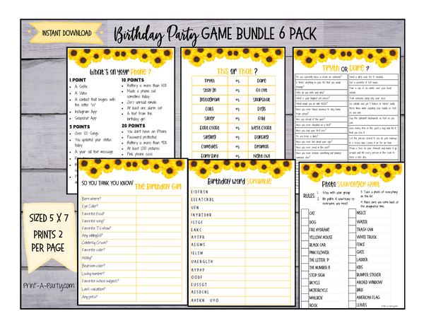 GAME BUNDLE: Birthday Party Game Bundle | Sunflower Theme | Sunflower Party | INSTANT DOWNLOAD |