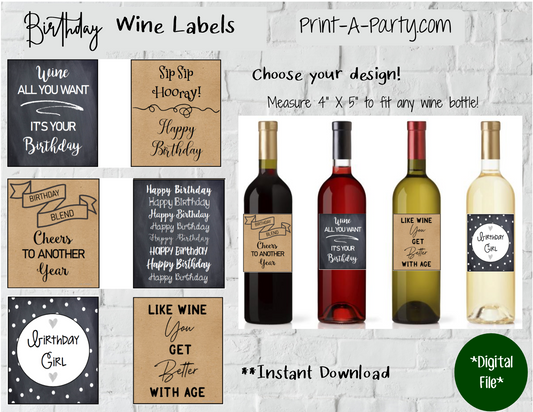 WINE LABELS: Birthday Wine (6) - INSTANT DOWNLOAD - Pick your design