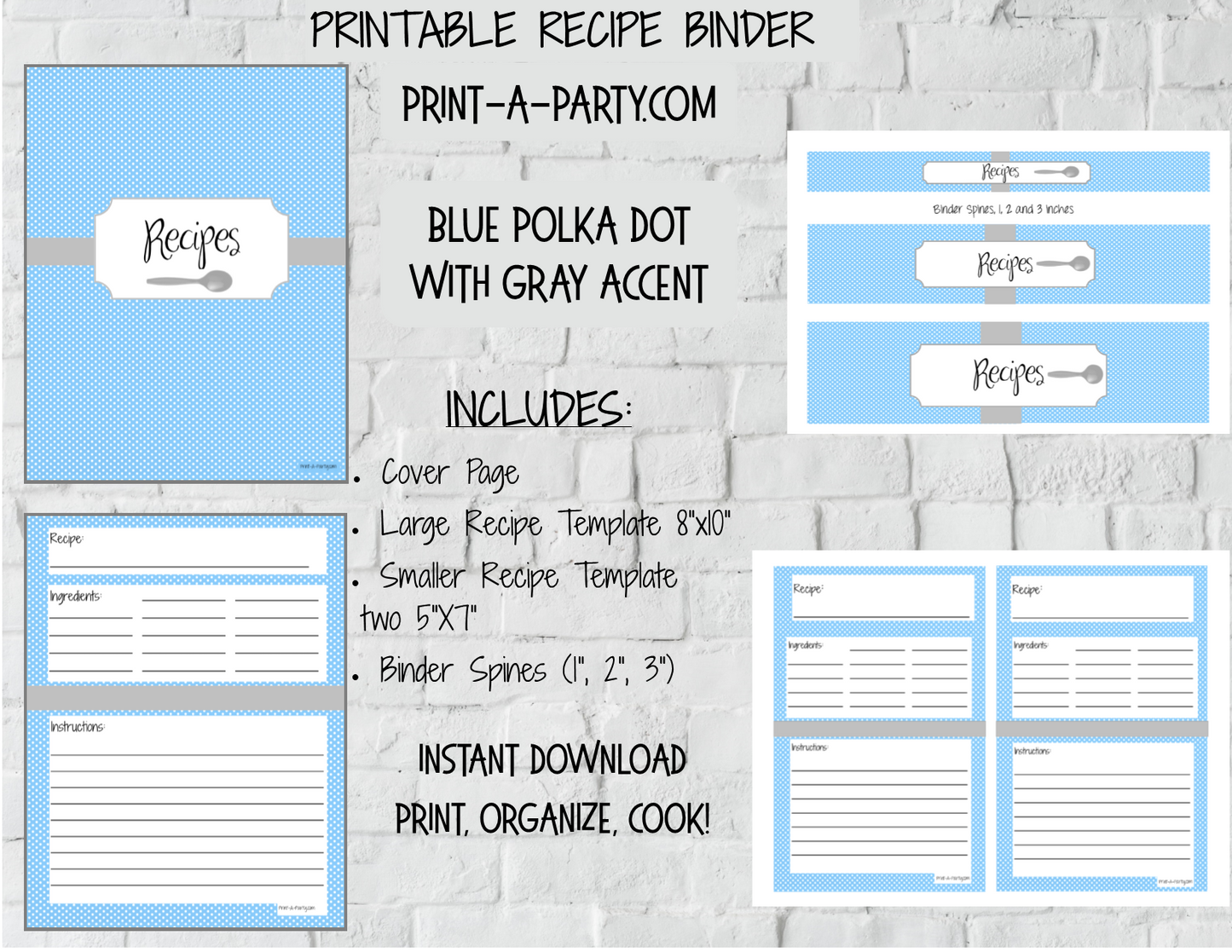 RECIPE BINDER KIT: Polka Dots Theme - INSTANT DOWNLOAD