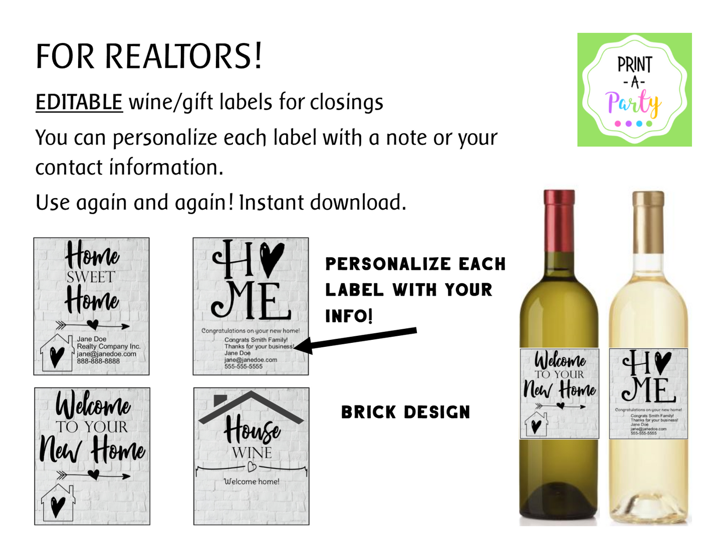 WINE LABELS: Realtors | Real Estate Closing Gift Wine or Gift Labels - Editable - INSTANT DOWNLOAD