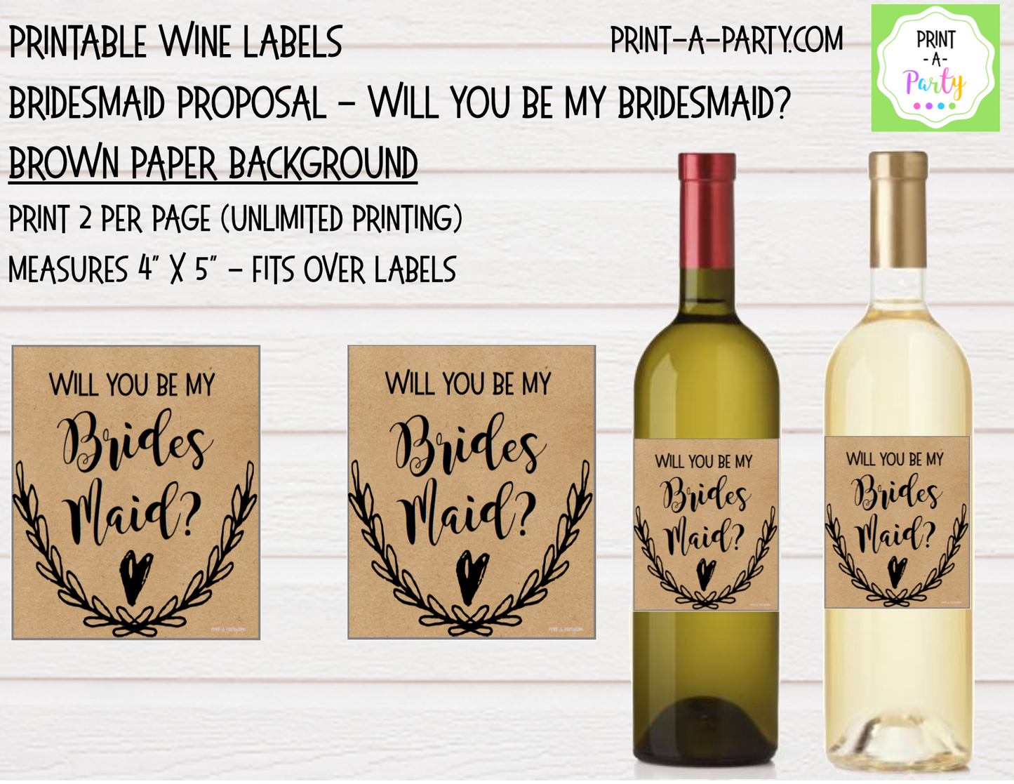 WINE LABELS: Bridesmaid Proposal | Wedding Party Ask | Will You Be My Bridesmaid? | INSTANT DOWNLOAD | Printable