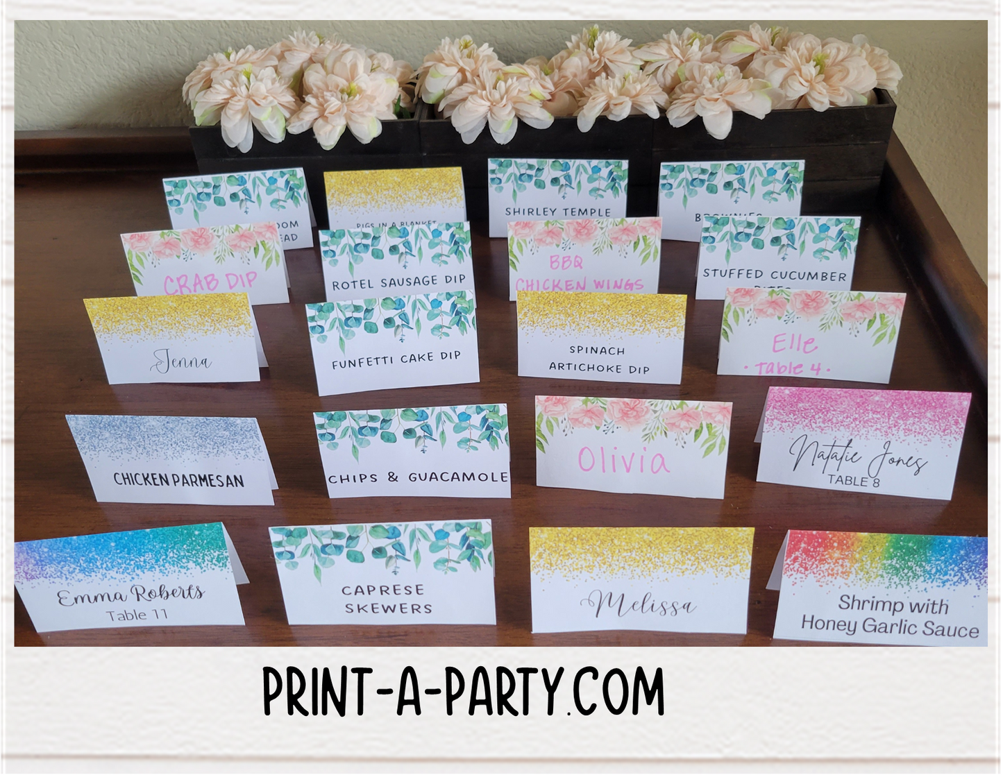 DIY Printable or Editable Buffet Food Label Cards or Seating Place Cards | GREEN FLORALS | Place Card Signs | Buffet Labels