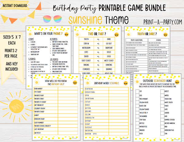 GAME BUNDLE: Birthday Party Game Bundle | Sun Themed Birthday Party | Sun Party | Sunshine Theme Party | INSTANT DOWNLOAD |