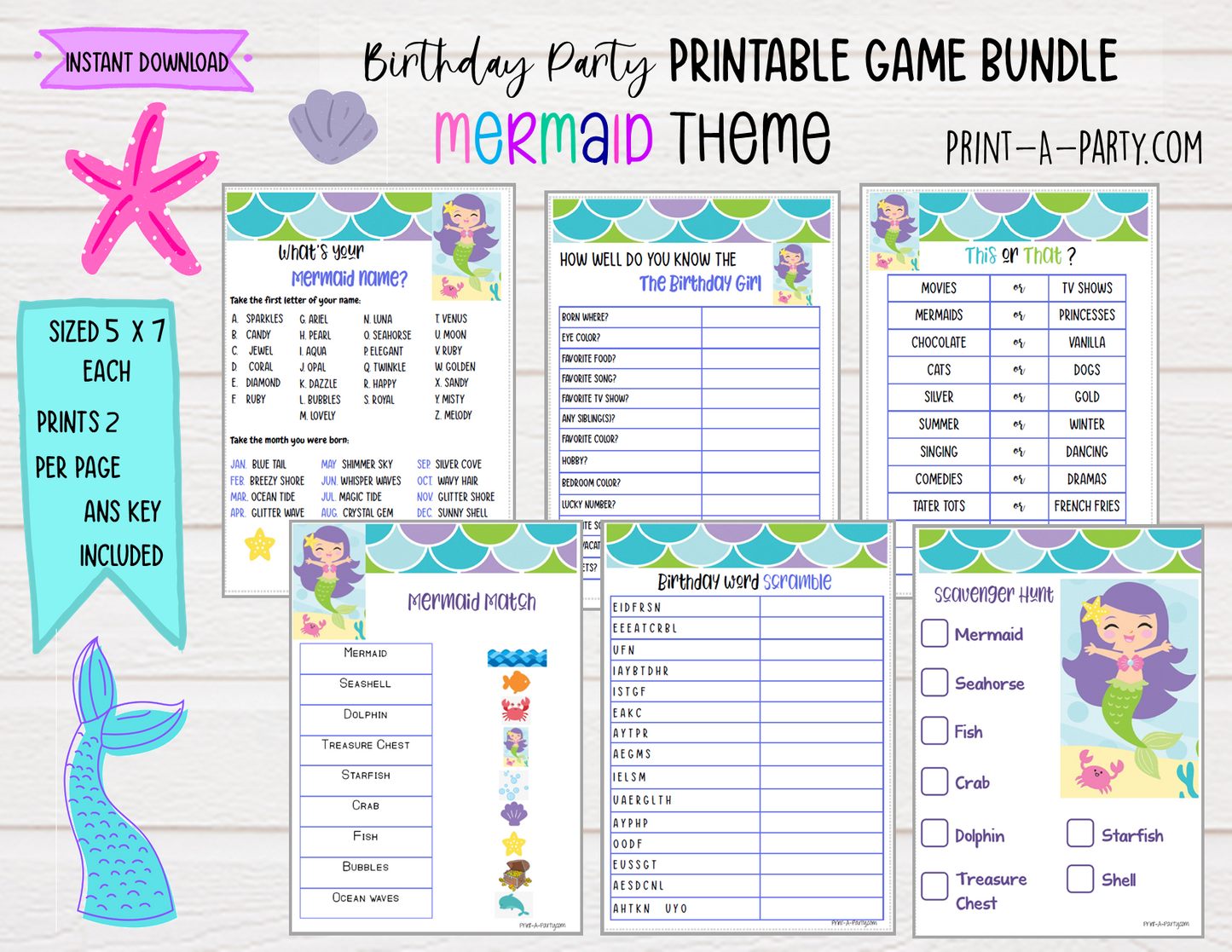 GAMES: MERMAID THEME | Birthday Party Games | Mermaid Party | Mermaid Party Ideas | INSTANT DOWNLOAD