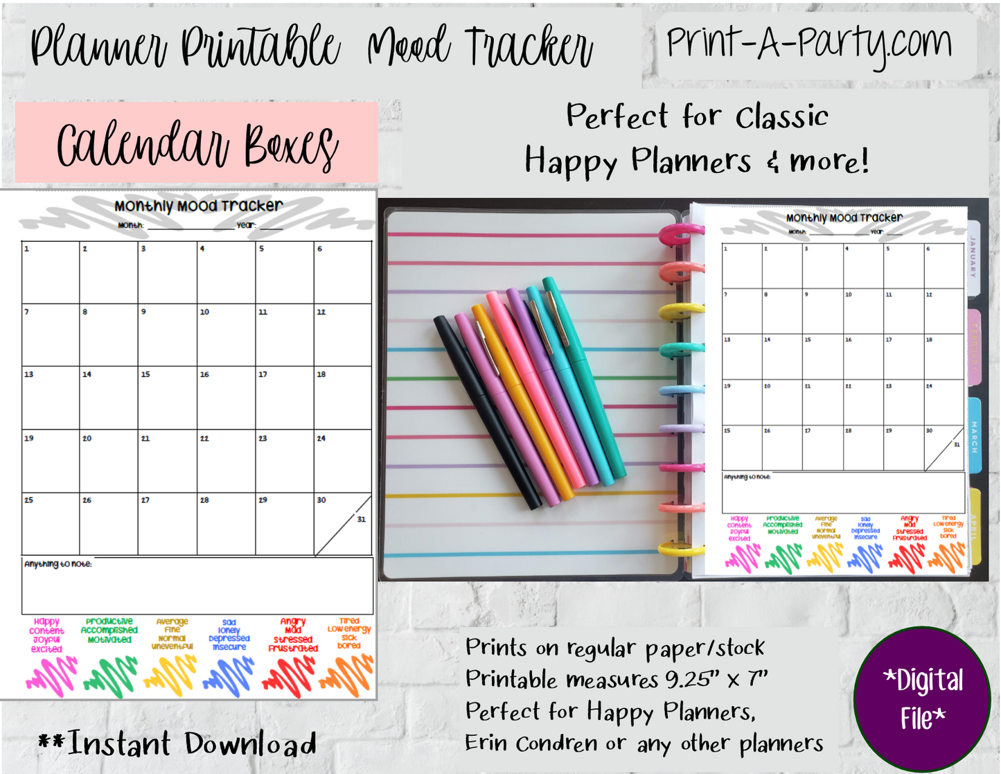 Mood Tracker | Monthly Mood Tracker | Classic Happy Planner | Planner Printable