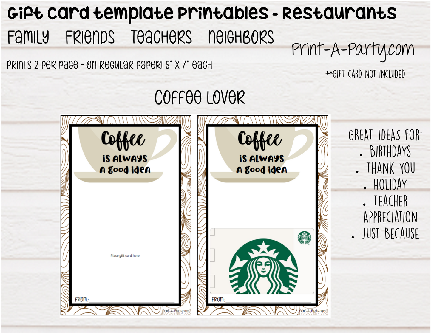 GIFT CARD Templates | Restaurants | Whataburger | Red Lobster | Pasta | Tacos | Coffee | Starbucks and more  - INSTANT DOWNLOAD - Use each year!