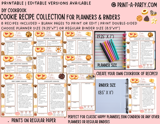 DIY Cookbook | COOKIE Recipe Collection | PRINTABLE OR EDITABLE | Planner and Binder Size | Meal Plan | Planner Recipes | Binder Recipes