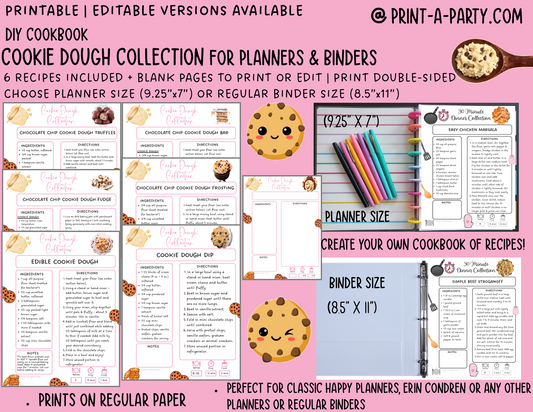 DIY Cookbook | COOKIE DOUGH Recipe Collection | PRINTABLE OR EDITABLE | Planner and Binder Size | Meal Plan | Planner Recipes | Binder Recipes