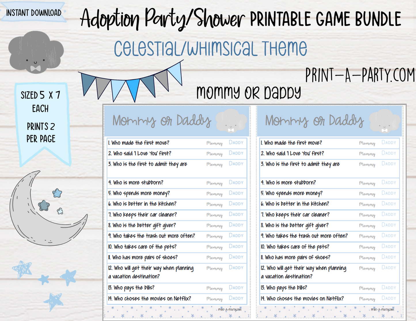 Adoption Party Shower Games | Whimsical Sky | Celestial Adoption Party Theme | Adoption Shower Games | Sun | Moon | Stars | Cloud | Altbash | adoption | INSTANT DOWNLOAD