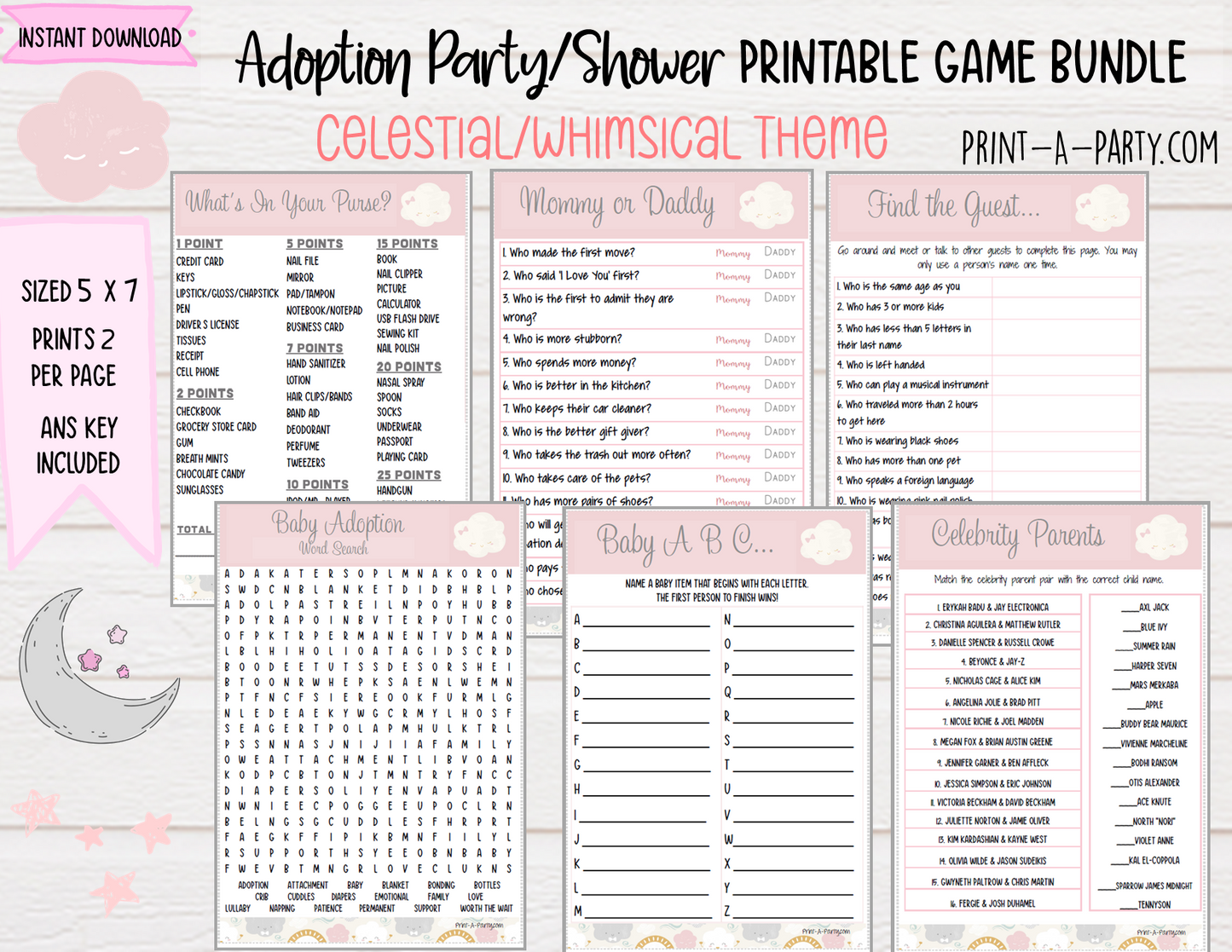 Adoption Party Shower Games | Whimsical Sky | Celestial Adoption Party Theme | Adoption Shower Games | Sun | Moon | Stars | Cloud | Altbash | adoption | INSTANT DOWNLOAD