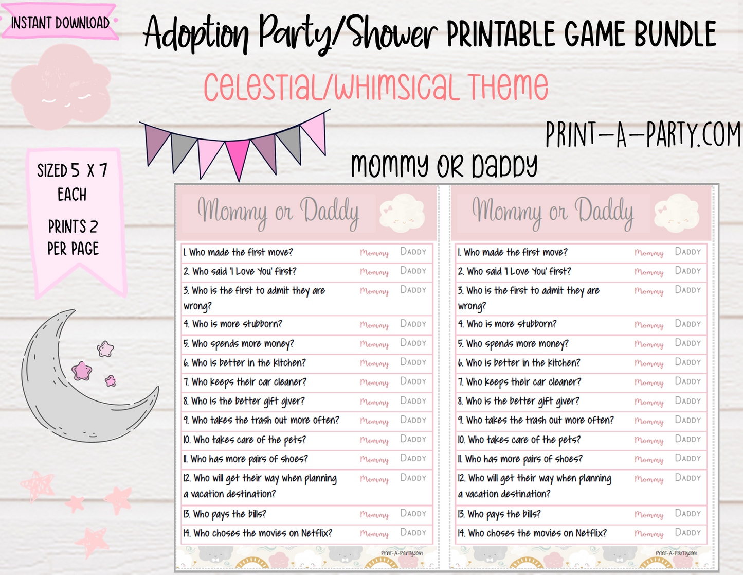 Adoption Party Shower Games | Whimsical Sky | Celestial Adoption Party Theme | Adoption Shower Games | Sun | Moon | Stars | Cloud | Altbash | adoption | INSTANT DOWNLOAD