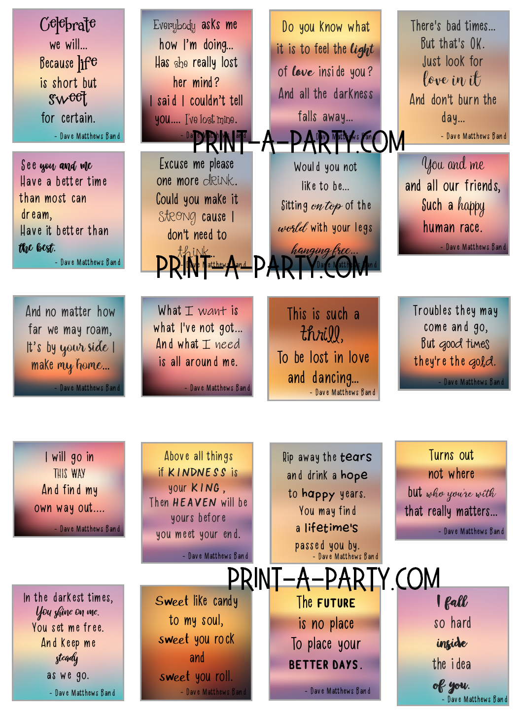 PLANNER STICKERS: Dave Matthews Band Lyrics | INSTANT DOWNLOAD | Fits a variety of planners! Erin Condren, Happy Planner and more