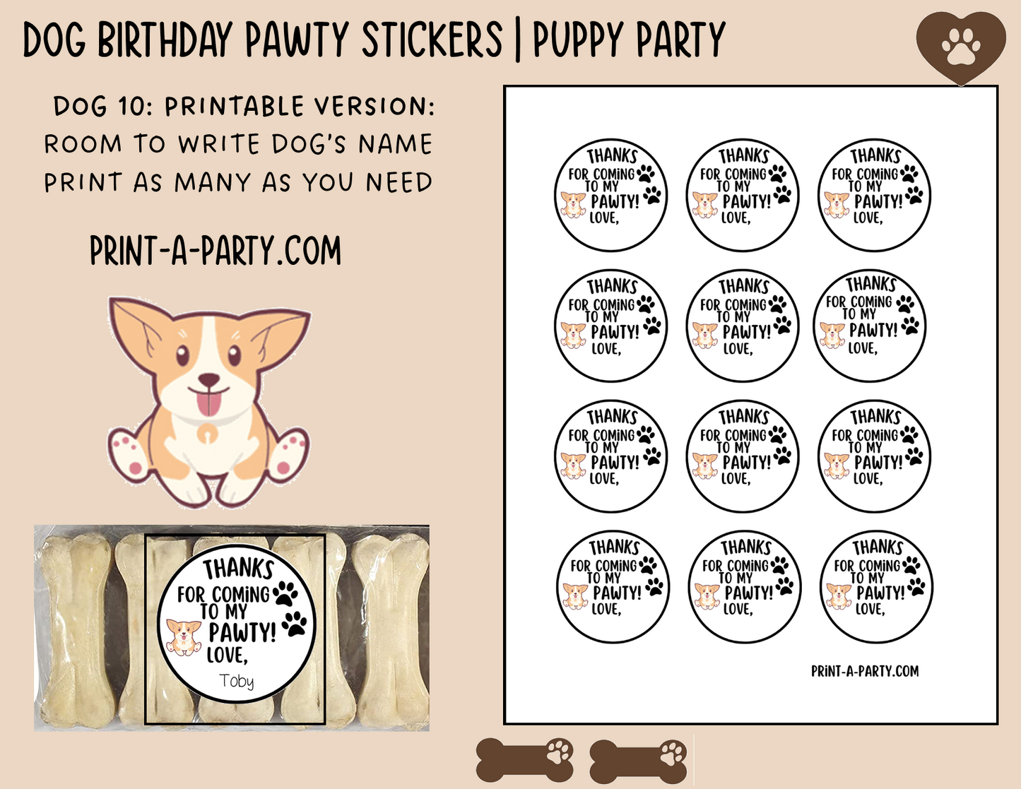 Dog Birthday PAWty Stickers | Printable or Editable | Dog Party | Puppy Birthday | First Birthday | Dog Favors | Dog Pawty | Thank You Stickers