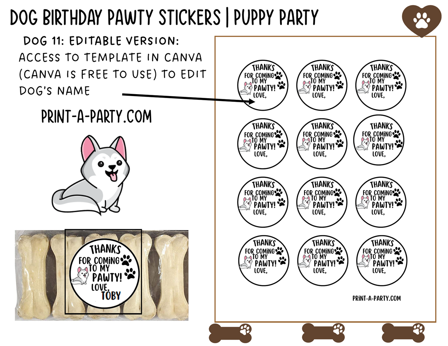 Dog Birthday PAWty Stickers | Printable or Editable | Dog Party | Puppy Birthday | First Birthday | Dog Favors | Dog Pawty | Thank You Stickers