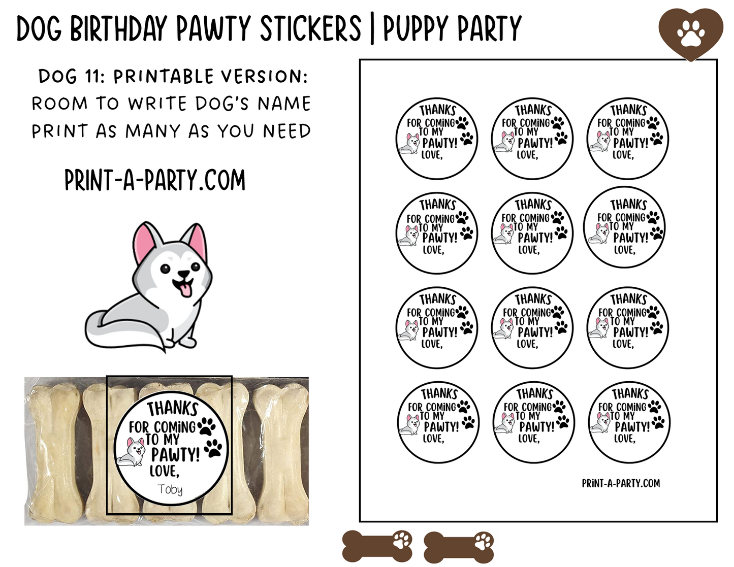 Dog Birthday PAWty Stickers | Printable or Editable | Dog Party | Puppy Birthday | First Birthday | Dog Favors | Dog Pawty | Thank You Stickers