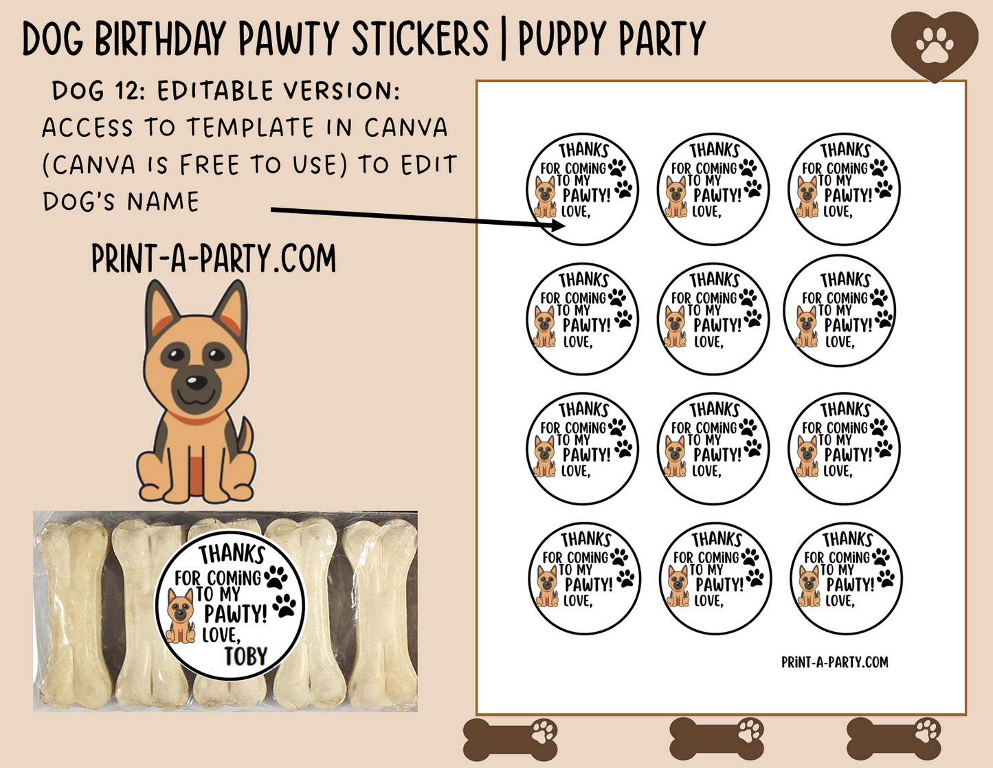 Dog Birthday PAWty Stickers | Printable or Editable | Dog Party | Puppy Birthday | First Birthday | Dog Favors | Dog Pawty | Thank You Stickers