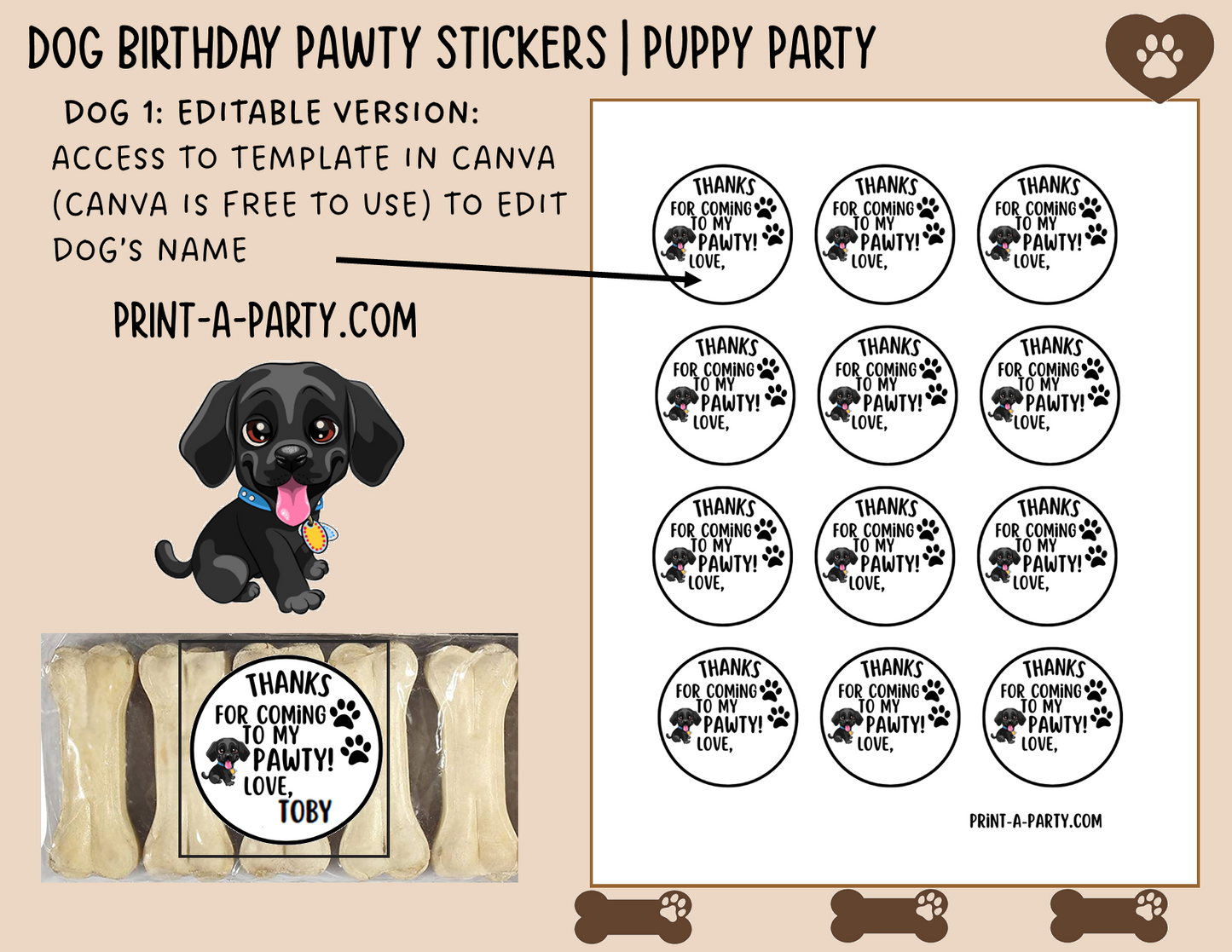 Dog Birthday PAWty Stickers | Printable or Editable | Dog Party | Puppy Birthday | First Birthday | Dog Favors | Dog Pawty | Thank You Stickers