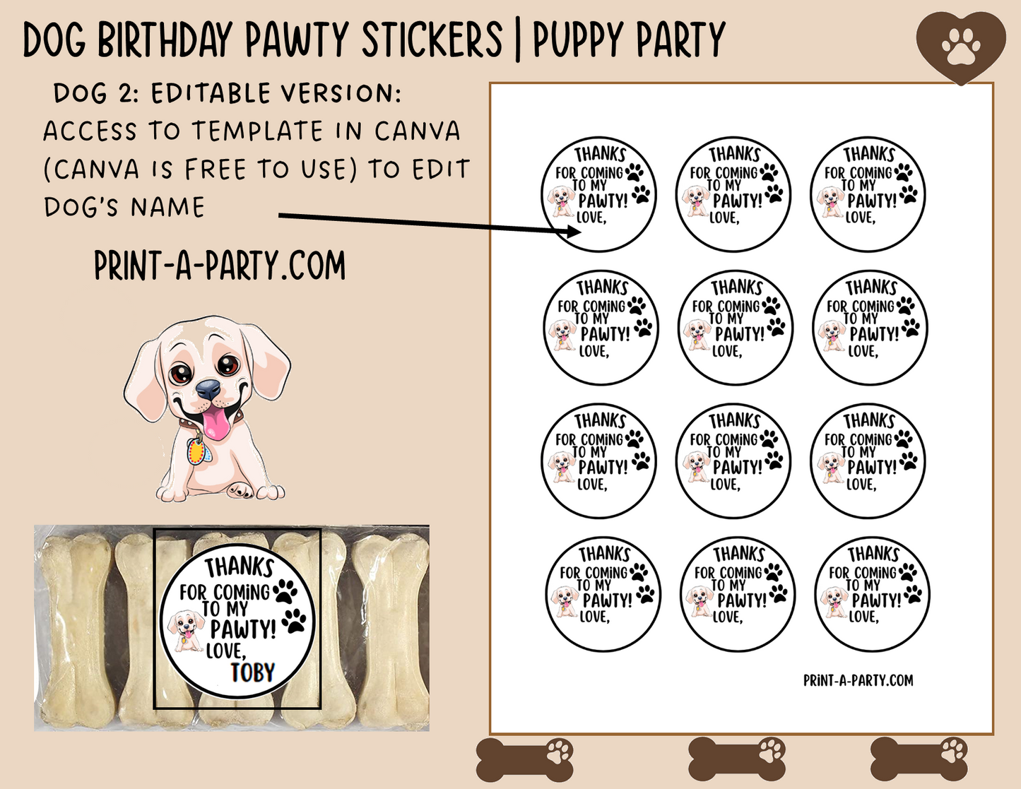 Dog Birthday PAWty Stickers | Printable or Editable | Dog Party | Puppy Birthday | First Birthday | Dog Favors | Dog Pawty | Thank You Stickers