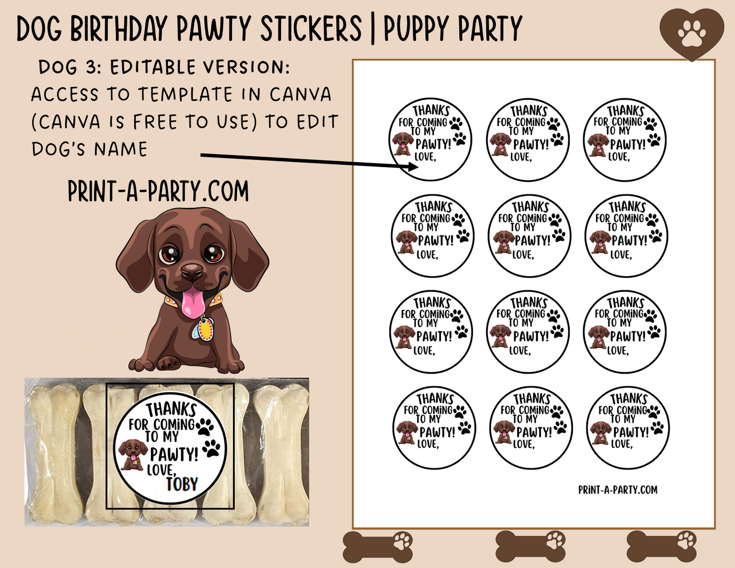 Dog Birthday PAWty Stickers | Printable or Editable | Dog Party | Puppy Birthday | First Birthday | Dog Favors | Dog Pawty | Thank You Stickers