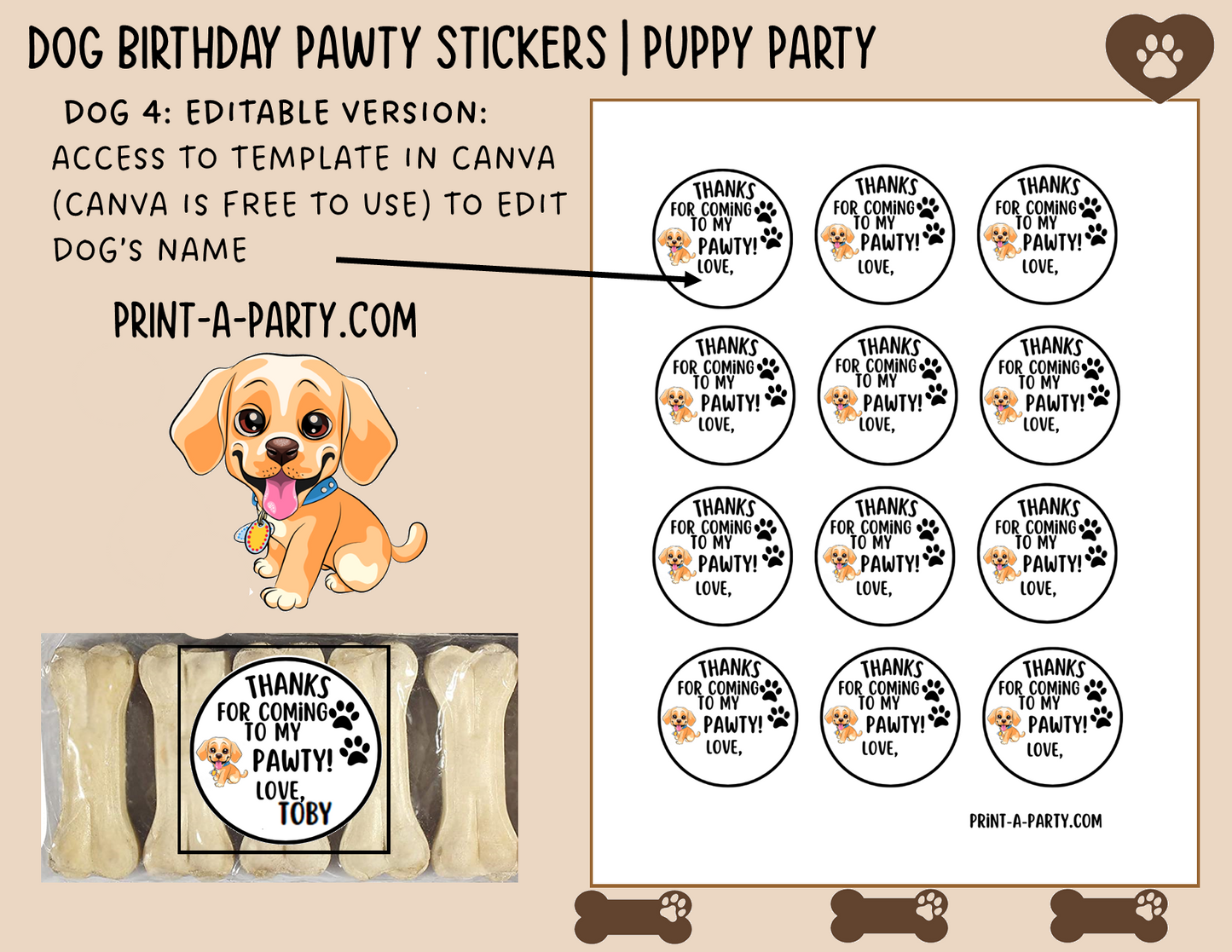 Dog Birthday PAWty Stickers | Printable or Editable | Dog Party | Puppy Birthday | First Birthday | Dog Favors | Dog Pawty | Thank You Stickers