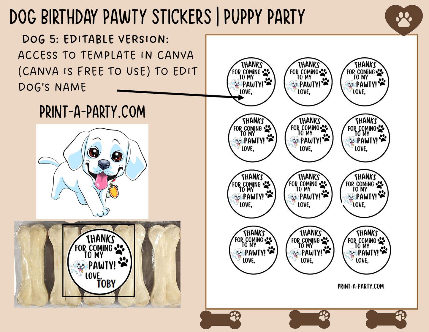 Dog Birthday PAWty Stickers | Printable or Editable | Dog Party | Puppy Birthday | First Birthday | Dog Favors | Dog Pawty | Thank You Stickers