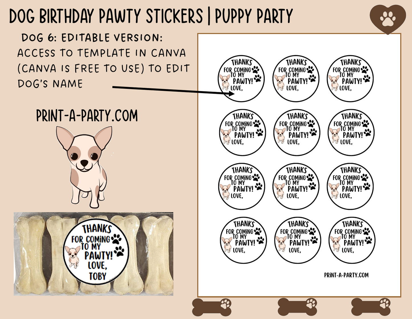 Dog Birthday PAWty Stickers | Printable or Editable | Dog Party | Puppy Birthday | First Birthday | Dog Favors | Dog Pawty | Thank You Stickers