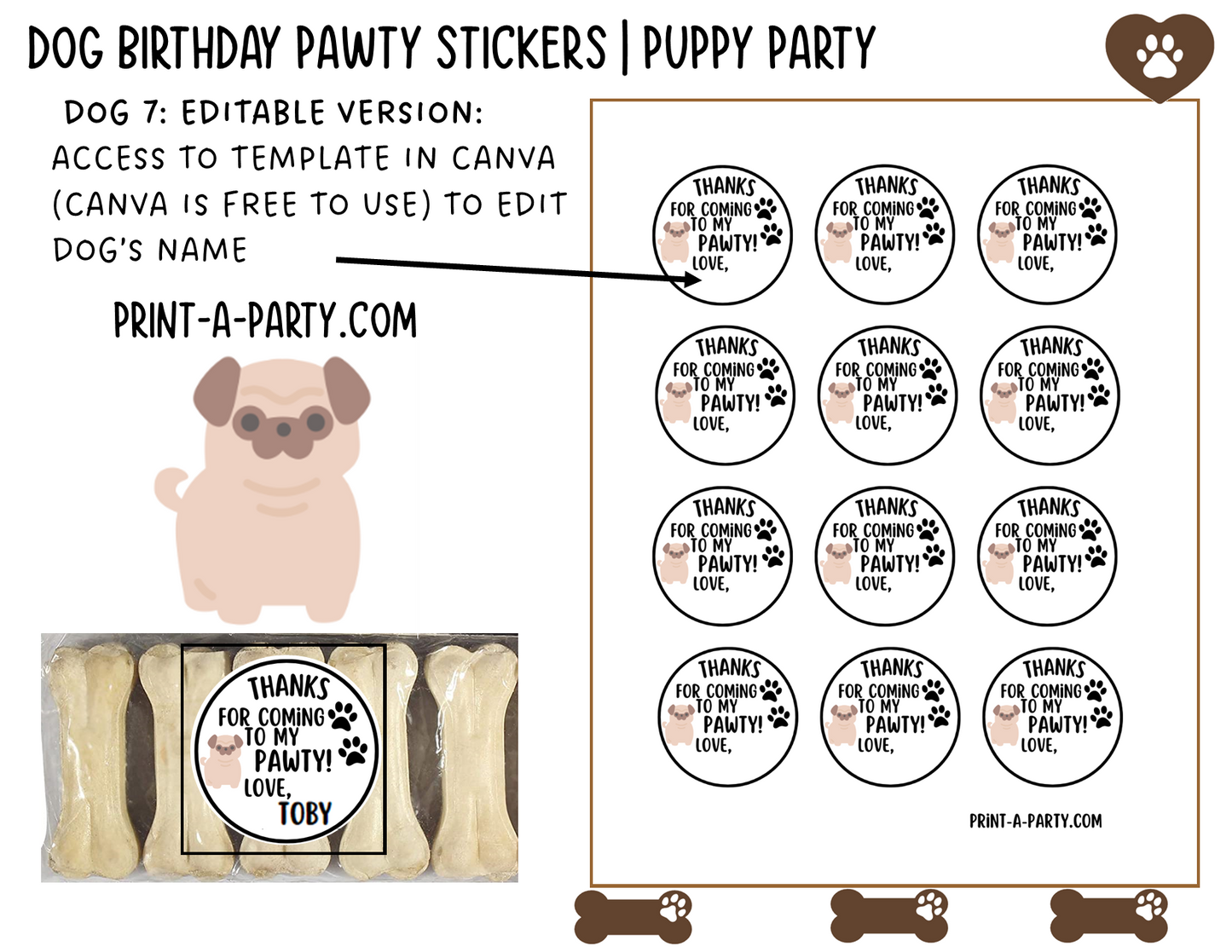 Dog Birthday PAWty Stickers | Printable or Editable | Dog Party | Puppy Birthday | First Birthday | Dog Favors | Dog Pawty | Thank You Stickers