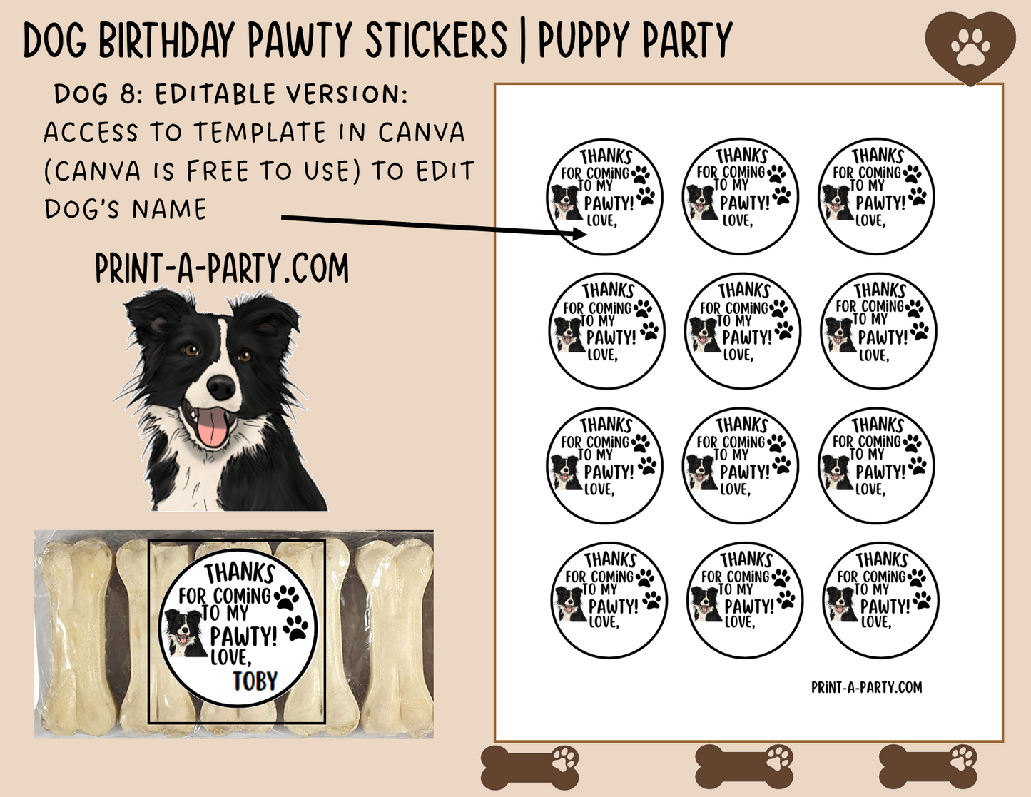 Dog Birthday PAWty Stickers | Printable or Editable | Dog Party | Puppy Birthday | First Birthday | Dog Favors | Dog Pawty | Thank You Stickers