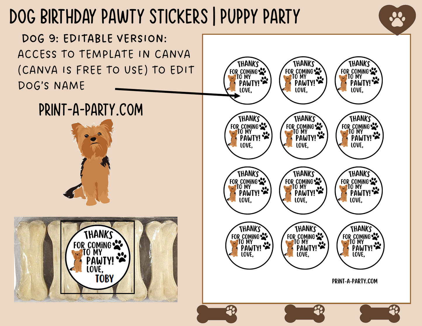 Dog Birthday PAWty Stickers | Printable or Editable | Dog Party | Puppy Birthday | First Birthday | Dog Favors | Dog Pawty | Thank You Stickers