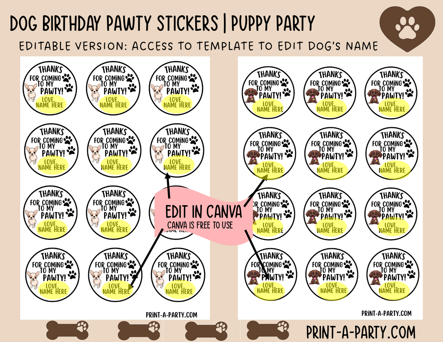 Dog Birthday PAWty Stickers | Printable or Editable | Dog Party | Puppy Birthday | First Birthday | Dog Favors | Dog Pawty | Thank You Stickers