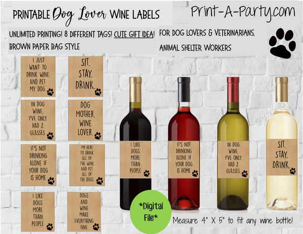 WINE LABELS: Animals | Dog Lovers Wine (8) | Dog Lovers | Veterinarians | Animal Shelter Workers | Pet Adoption Party | Altbash Party - INSTANT DOWNLOAD