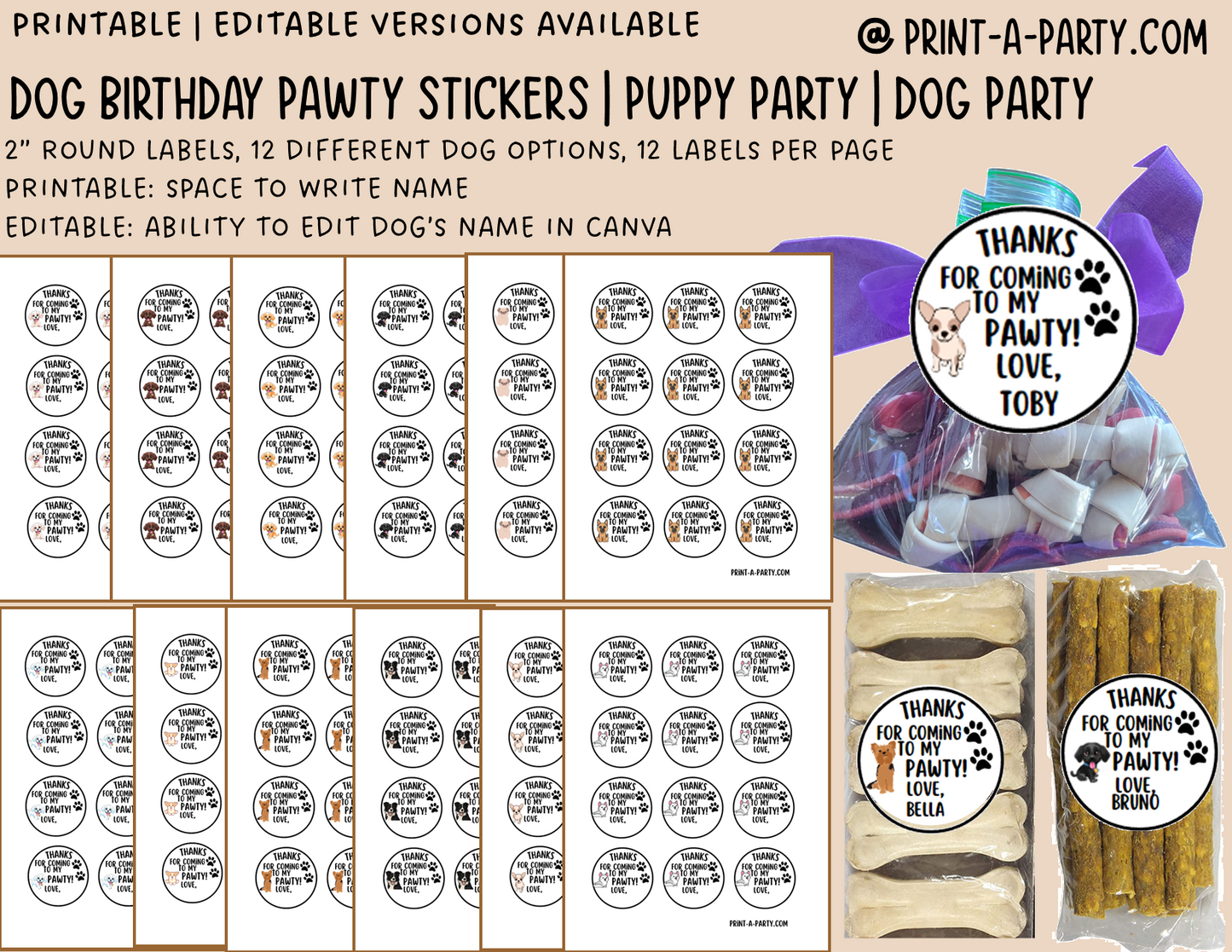 Dog Birthday PAWty Stickers | Printable or Editable | Dog Party | Puppy Birthday | First Birthday | Dog Favors | Dog Pawty | Thank You Stickers