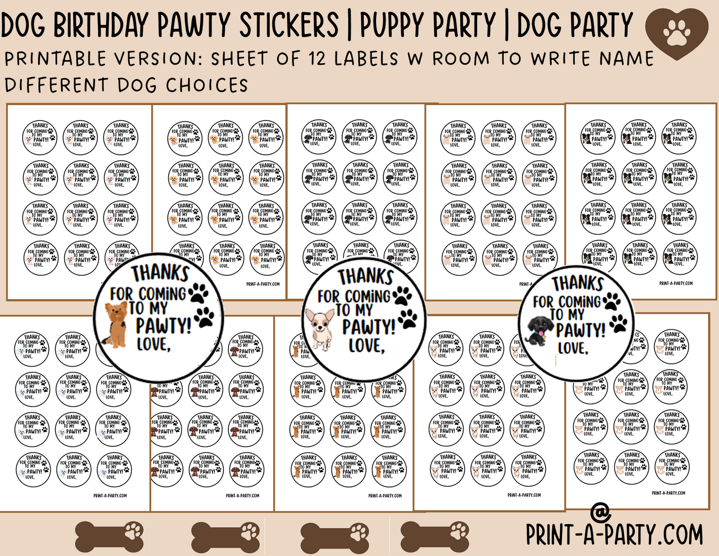 Dog Birthday PAWty Stickers | Printable or Editable | Dog Party | Puppy Birthday | First Birthday | Dog Favors | Dog Pawty | Thank You Stickers