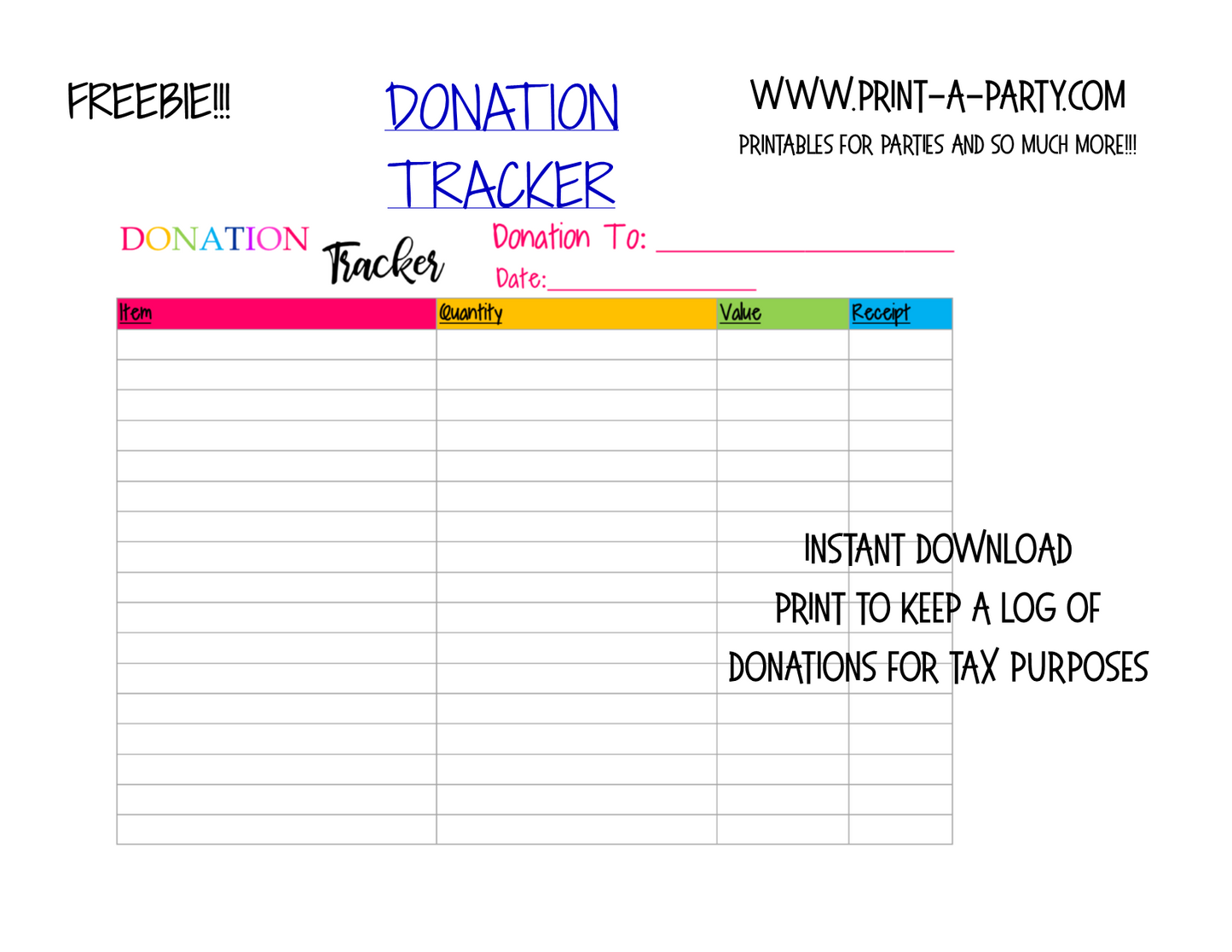 Donation Tracker Log Printable - FREE INSTANT DOWNLOAD