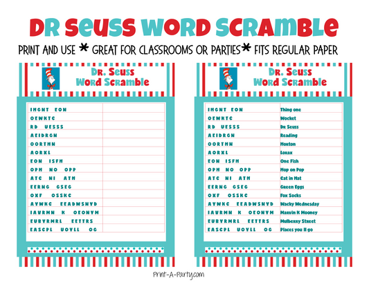 WORD SCRAMBLE: Dr. Seuss | Classrooms | Parties | INSTANT DOWNLOAD