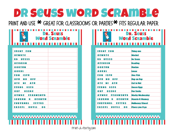 WORD SCRAMBLE: Dr. Seuss | Classrooms | Parties | INSTANT DOWNLOAD