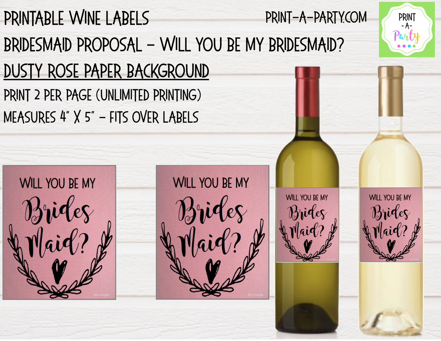 WINE LABELS: Bridesmaid Proposal | Wedding Party Ask | Will You Be My Bridesmaid? | INSTANT DOWNLOAD | Printable