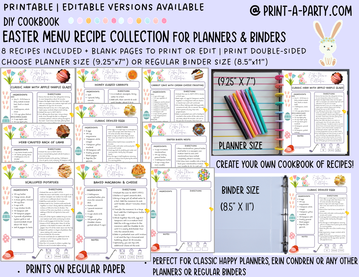 Printable Recipe Menu DIY Cookbook |Easter Menu Recipe Collection – Printable or Editable Re ...