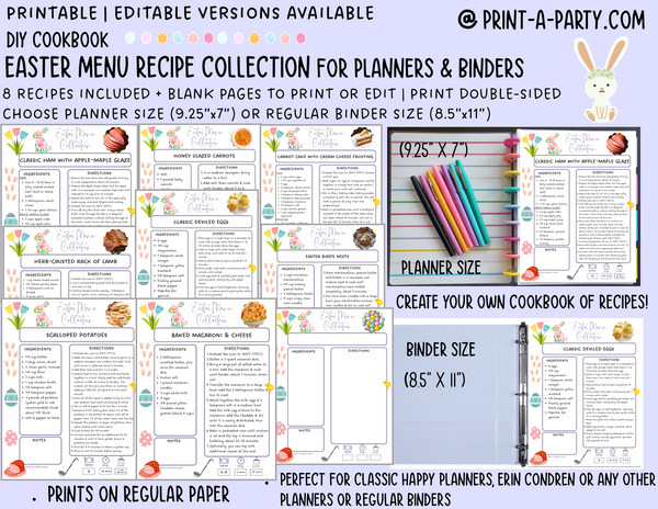 DIY Cookbook | EASTER Menu Recipe Collection | PRINTABLE OR EDITABLE | Planner and Binder Size | Easter Meal Plan | Easter Menu | Planner Recipes | Binder Recipes