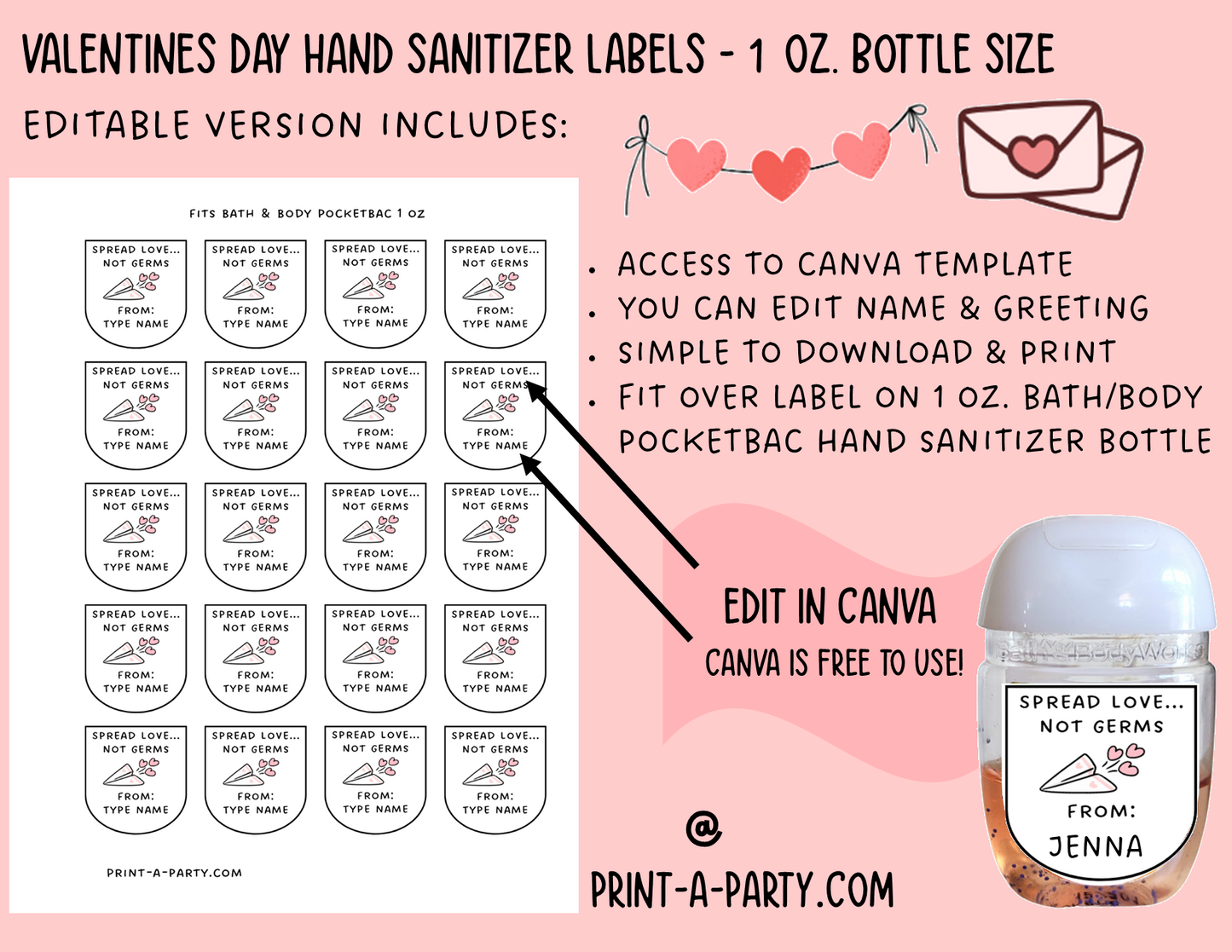 DIY Valentines | HAND SANITIZER LABELS | Printable or Editable | Valentine's Day Hand Sanitizers