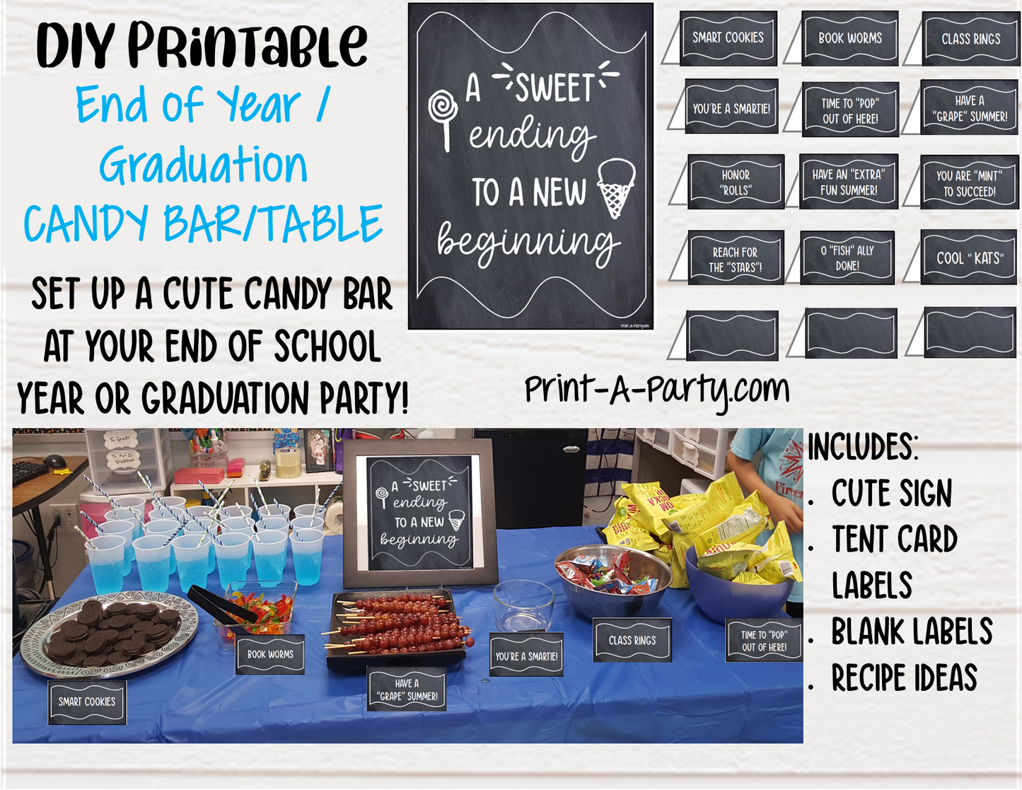 END OF SCHOOL YEAR CANDY BAR DIY | CANDY TABLE SET UP DIY | END OF YEAR School Party | GRADUATION Party | Summer Parties | Food Station for Party | Food Bar for Party | Instant Download Printable